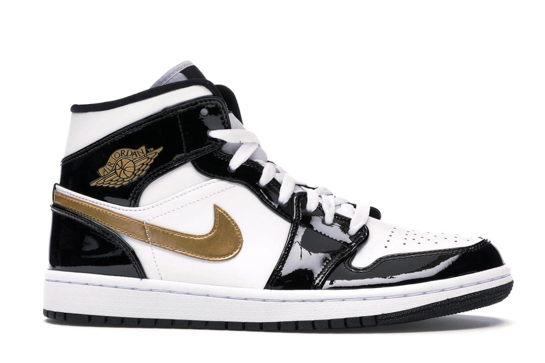 Jordan 1 Mid Patent Black White Gold