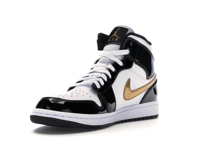 Jordan 1 Mid Patent Black White Gold