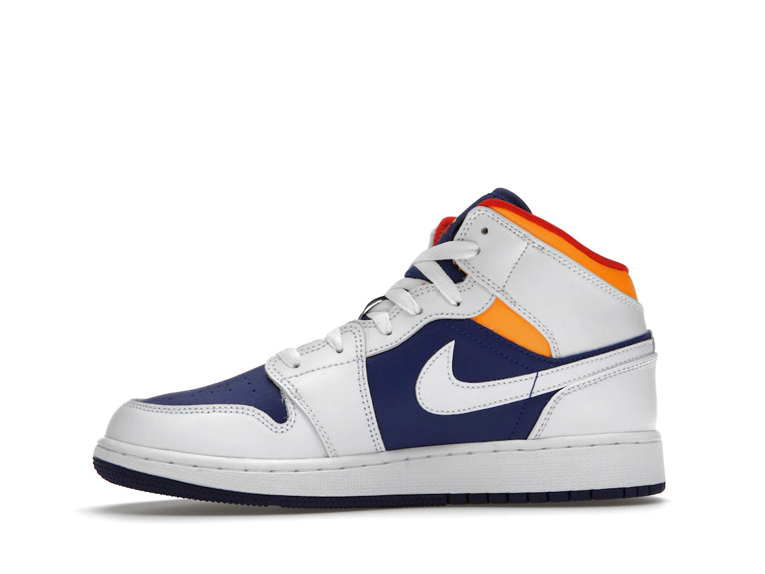 Jordan 1 Mid White Laser Orange Deep Royal Blue