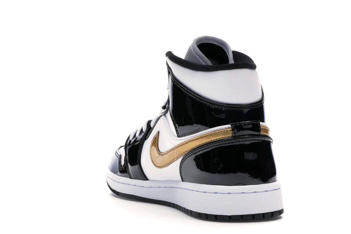 Jordan 1 Mid Patent Black White Gold
