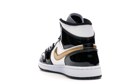 Jordan 1 Mid Patent Black White Gold