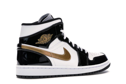 Jordan 1 Mid Patent Black White Gold