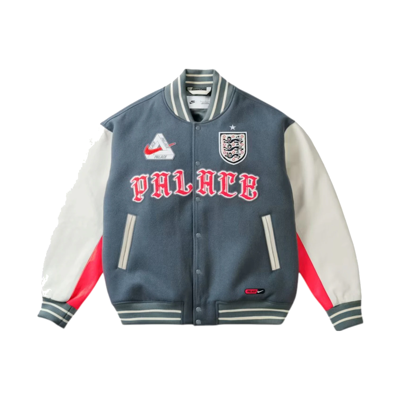 Palace x Nike England Varsity Jacket Cool Grey/White/Bright Crimson