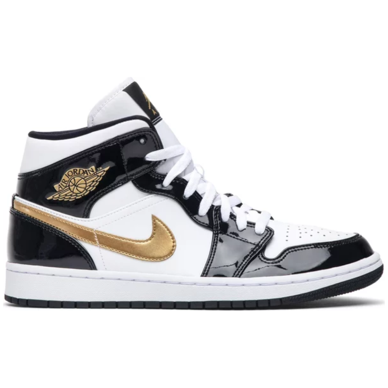 Air Jordan 1 Mid Patent Black White Gold